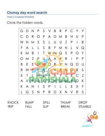 Clumsy Day Word Search Uppercase Worksheet for Grade 2