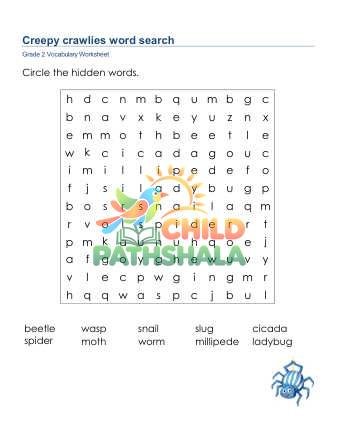 Creepy Crawlies Word Search Lowercase Worksheet for Grade 2
