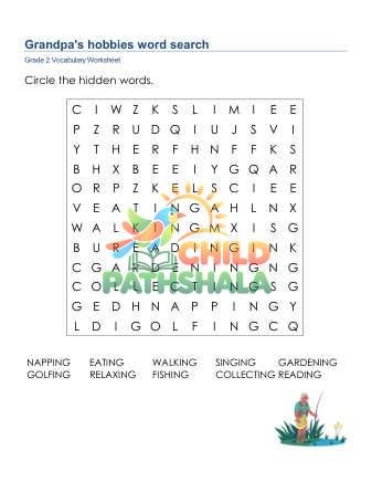Grandpas Hobbies Word Search Uppercase Worksheet for Grade 2