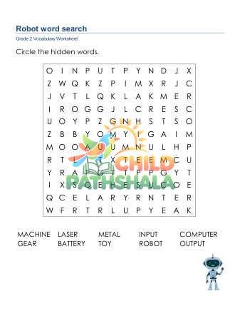 Robot Word Search Uppercase Worksheet for Grade 2