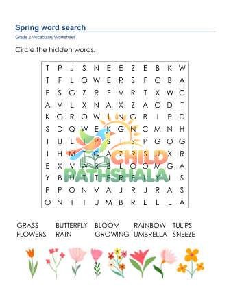 Spring Word Search Uppercase Worksheet for Grade 2