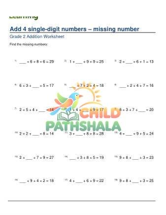 Add 4 Single Digits Missing Number C Worksheet for Grade 2