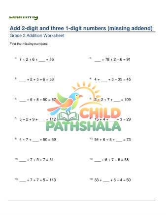 Adding 2 Digit Plus Three 1 Digit Missing Addend A