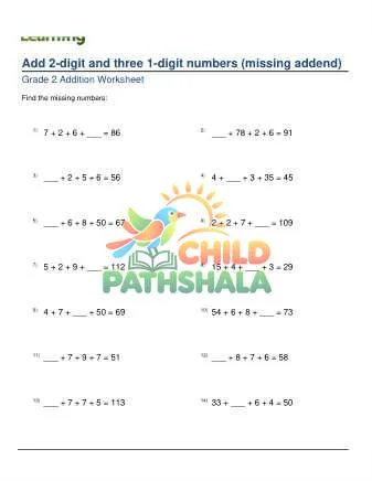 Preview of Adding 2 Digit Plus Three 1 Digit Missing Addend