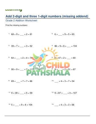 Adding 2 Digit Plus Three 1 Digit Missing Addend C