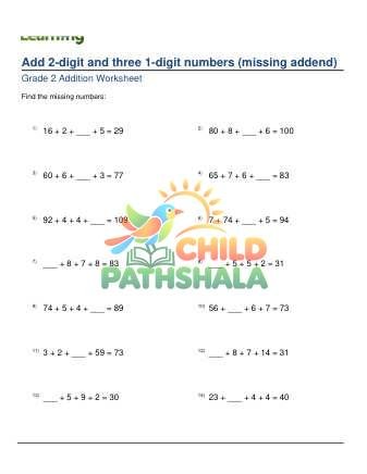 Adding 2 Digit Plus Three 1 Digit Missing Addend D