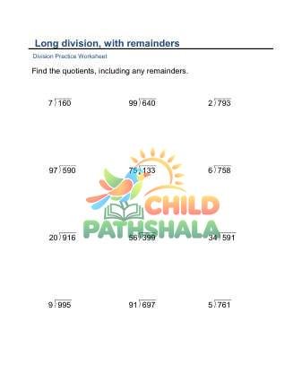 Long Division Remainder 3x2 Digit D Worksheet for Grade 2