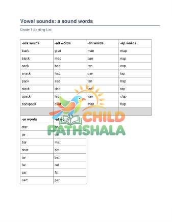 grade 1 vowel sound words