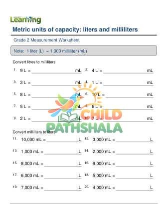 Metric Units Capacity L Ml B Worksheet for Grade 2