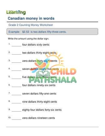 Canadian Money Words To Numbers E Worksheet for Grade 2