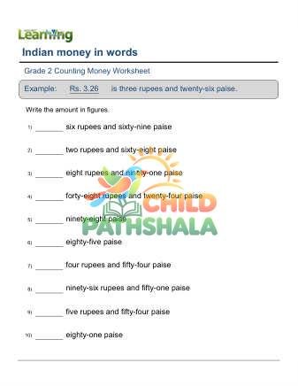 Indian Money In Words F Worksheet for Grade 2
