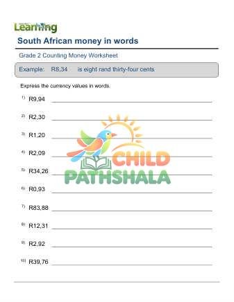 South African Money In Words C Worksheet for Grade 2
