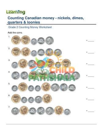 Counting Money Canadian Nickels Dimes Quarters Loonies D Worksheet for Grade 2