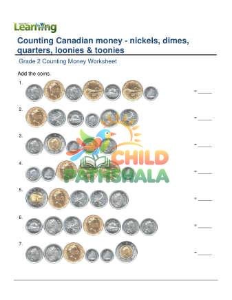 Counting Money Canadian Nickels Dimes Quarters Loonies Toonies B Worksheet for Grade 2