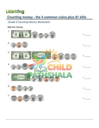 Counting Money Four Coins Plus One Dollar A Worksheet for Grade 2