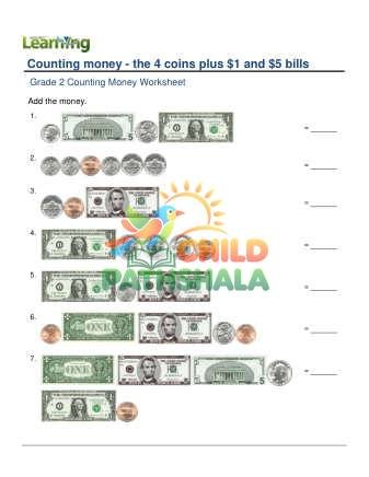Counting Money Four Coins Plus One Five Dollar B Worksheet for Grade 2