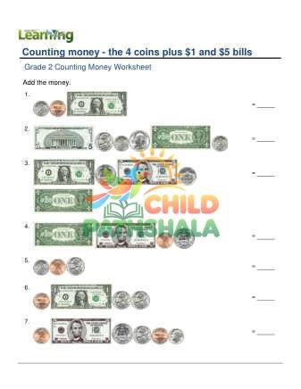 Counting Money Four Coins Plus One Five Dollar C