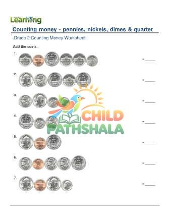 Counting Money Pennies Nickels Dimes Quarters A Worksheet for Grade 2