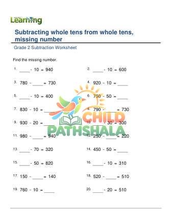 Subtract Whole Tens From Whole Tens Missing Number B Worksheet for Grade 2