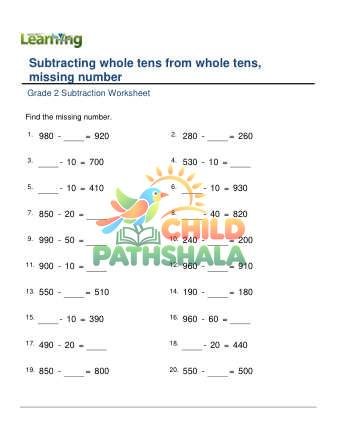 Subtract Whole Tens From Whole Tens Missing Number E