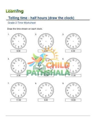 Telling Time Half Hours Draw Clock B Worksheet for Grade 2