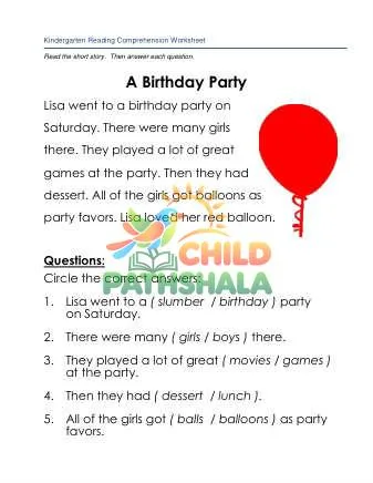 Preview of Reading Comprehension Story A Birthday Party