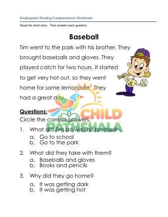 Preview of Reading Comprehension Story Baseball