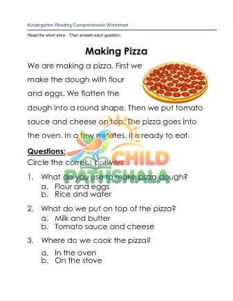 Reading Comprehension Story Making Pizza Worksheet for Grade 1