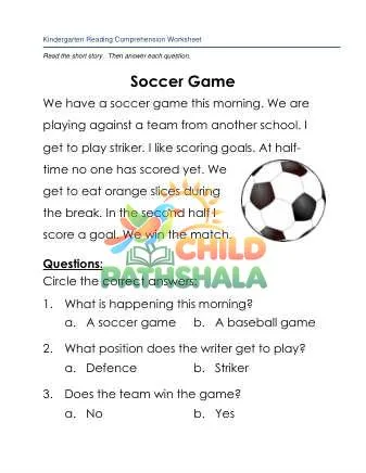 Preview of Reading Comprehension Story Soccer Game