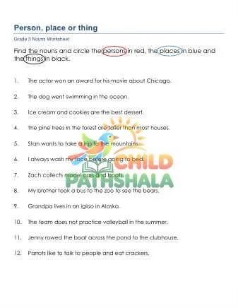 Preview of Grammar Grade 3 Nouns Person Place Thing