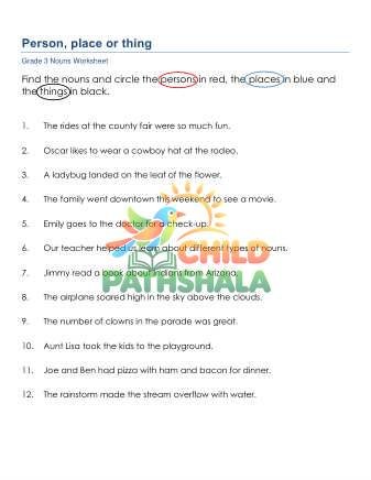 Grammar Grade 3 Nouns Person Place Thing 2 Worksheet for Grade 3