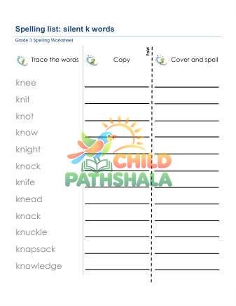 Preview of Spelling List Silent K Words