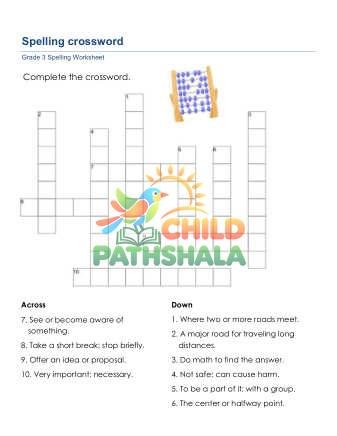 Spelling Words Crossword Worksheet for Grade 3