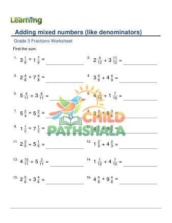 Adding Mixed Numbers Like Denominators D Worksheet for Grade 3