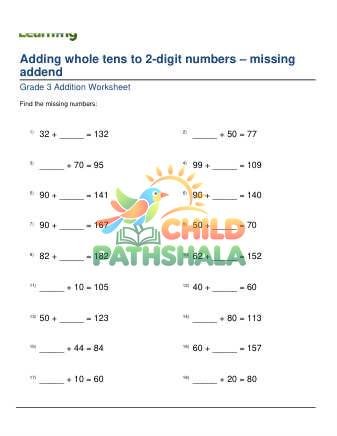 Adding Whole Tens To 2 Digit Missing Addend A Worksheet for Grade 3