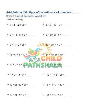 Order Operations Add Sub Mult 4 A Worksheet for Grade 3
