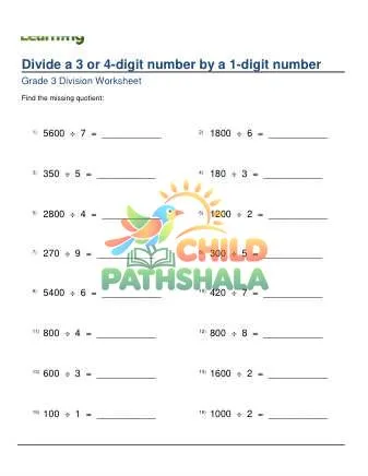 Preview of Divide 3 4 Digit By 1 Digit Numbers