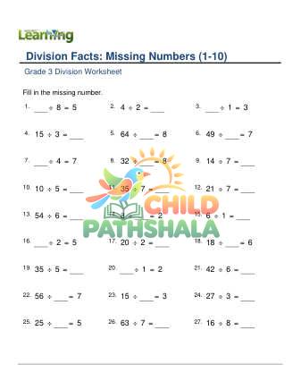 Preview of Division Facts Missing Number 1 10 B