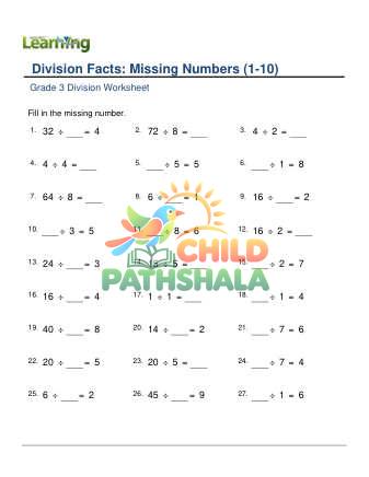Preview of Division Facts Missing Number 1 10 E