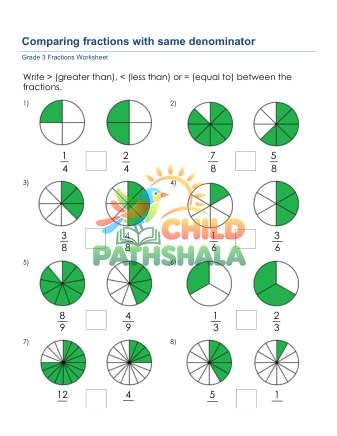 Comparing Fractions Same Denominator C Worksheet for Grade 3