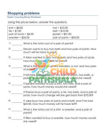 Preview of Counting Money Shopping Problems No Decimals B
