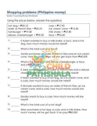 Philippine Peso Money D Worksheet for Grade 3