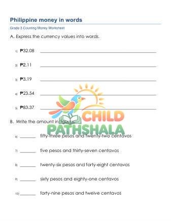 Philippine Peso Money F Worksheet for Grade 3