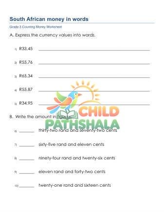 South African Rand Money F Worksheet for Grade 3