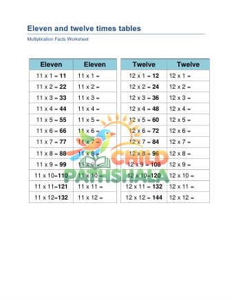 Preview of 11 12 Times Tables A