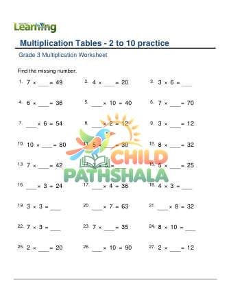 Multiplication Table 2to10 Missing Number E