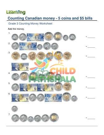 Counting Money Canadian 5 Coins 5 Dollar F Worksheet for Grade 3