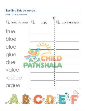 Spelling List Ue Words Worksheet for Grade 1