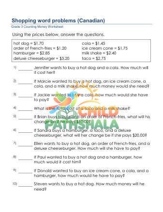 Counting Money Canadian Shopping Problems C Worksheet for Grade 3