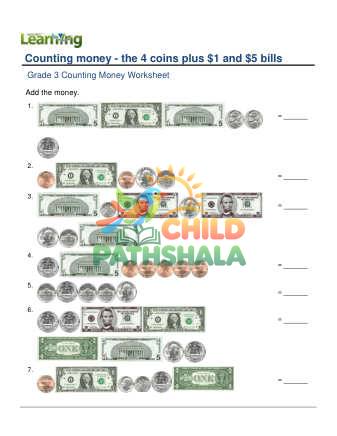 Preview of Counting Money Four Coins Plus One Five Dollar A